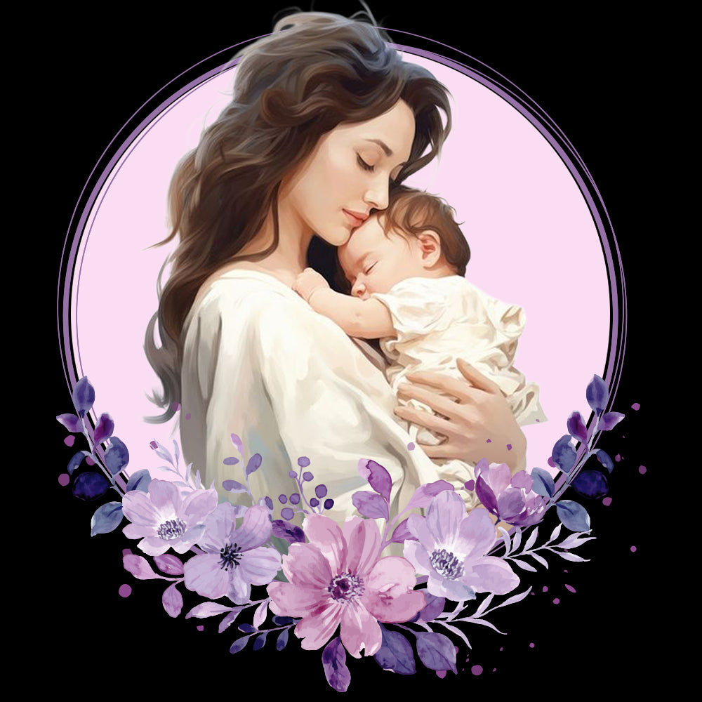 Illustration of a mother holding a baby with floral elements on a pink background