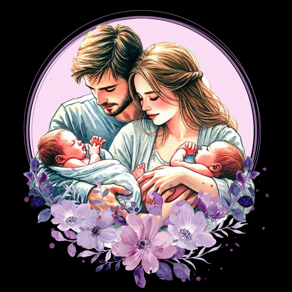 Illustration of a couple holding two newborn babies with a purple floral border
